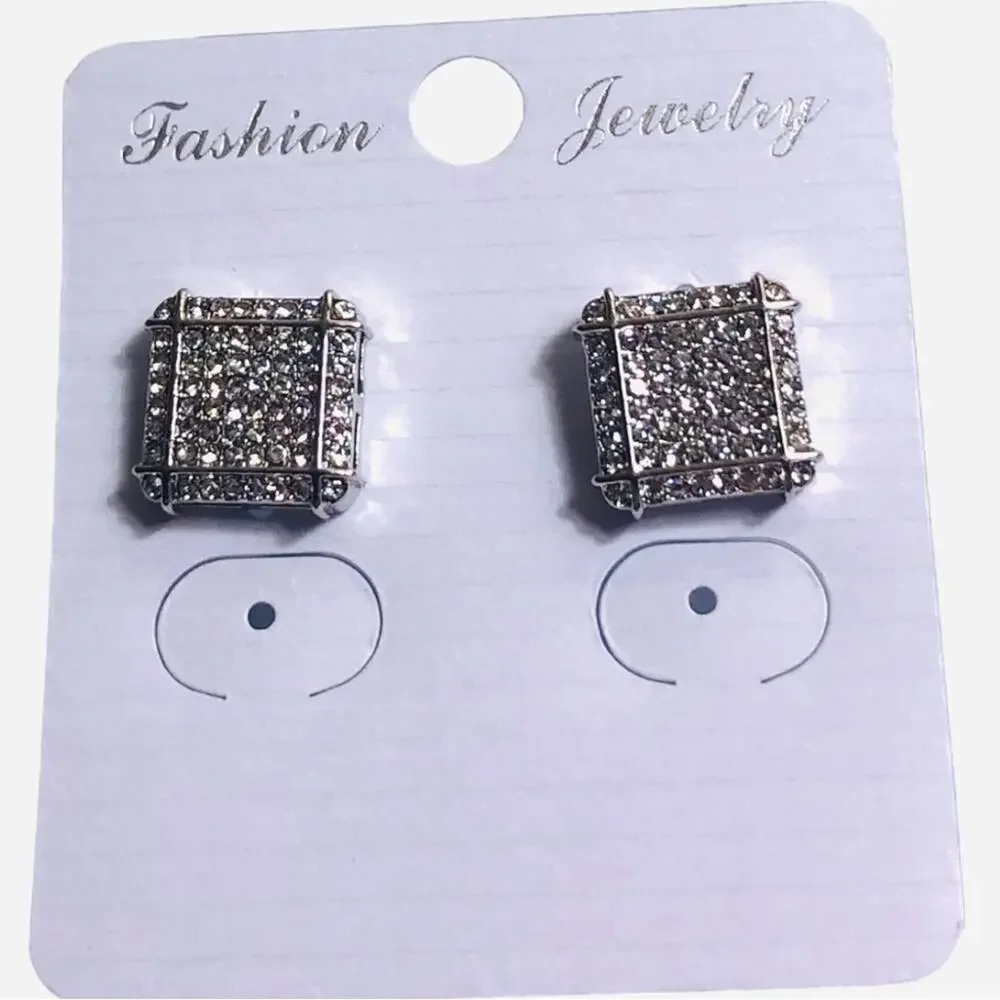 Silver Rhinestone Square Stud Earrings